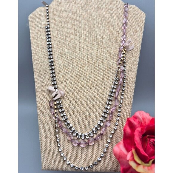 J. Crew Long Gold Tone Multi Strand Necklace Pink Beads & Bows Clear Crystal 34" - Picture 1 of 10